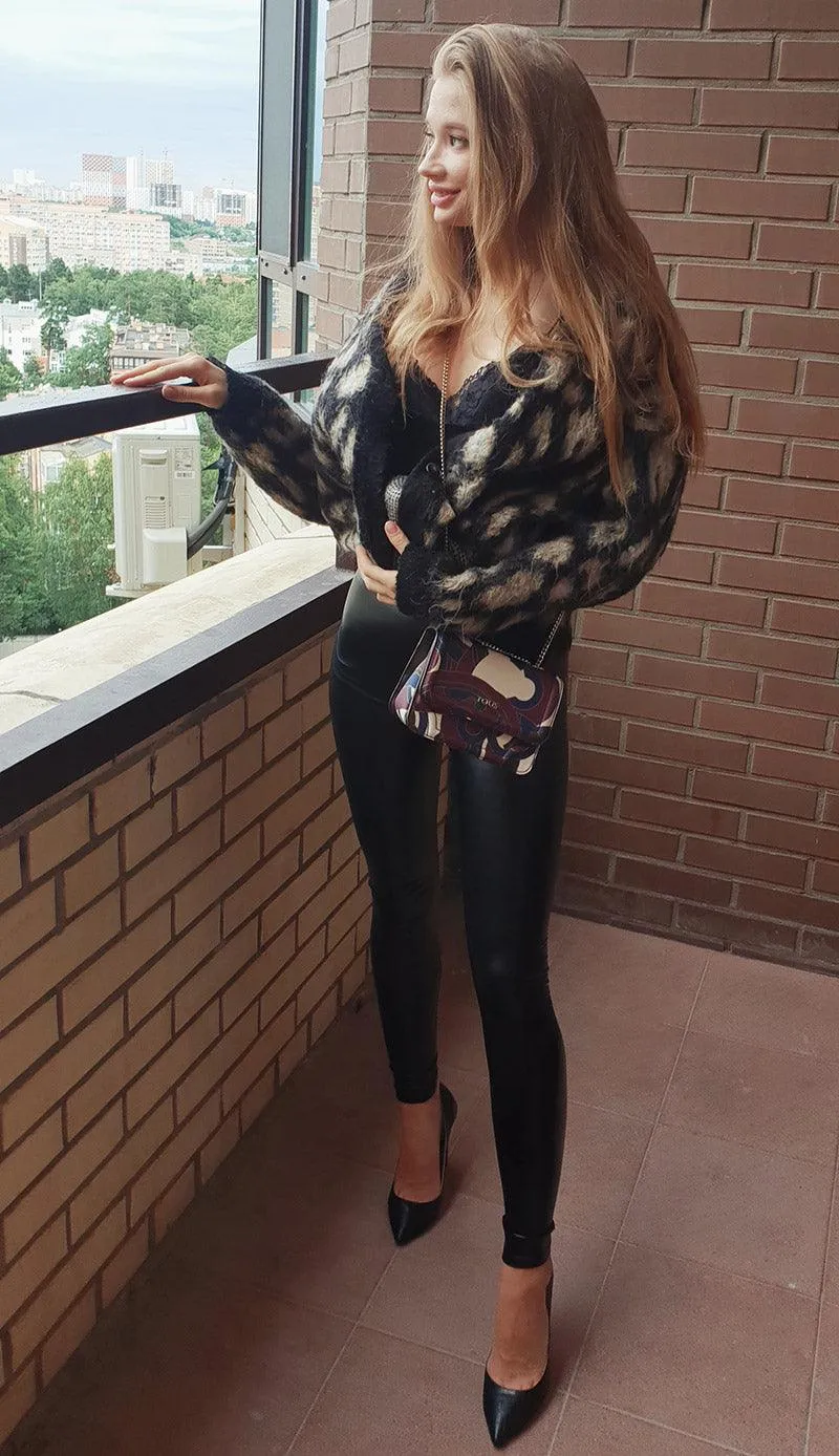 PU Leather Leggings with Elastic High Waist - Slim Pants