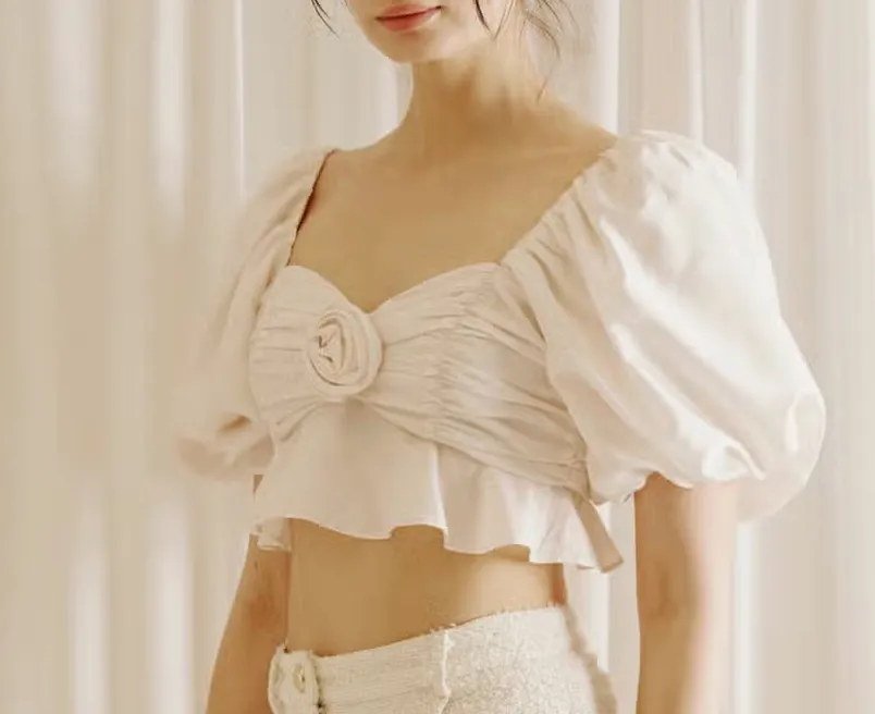 Puff Sleeve Rose Peplum Cropped Top