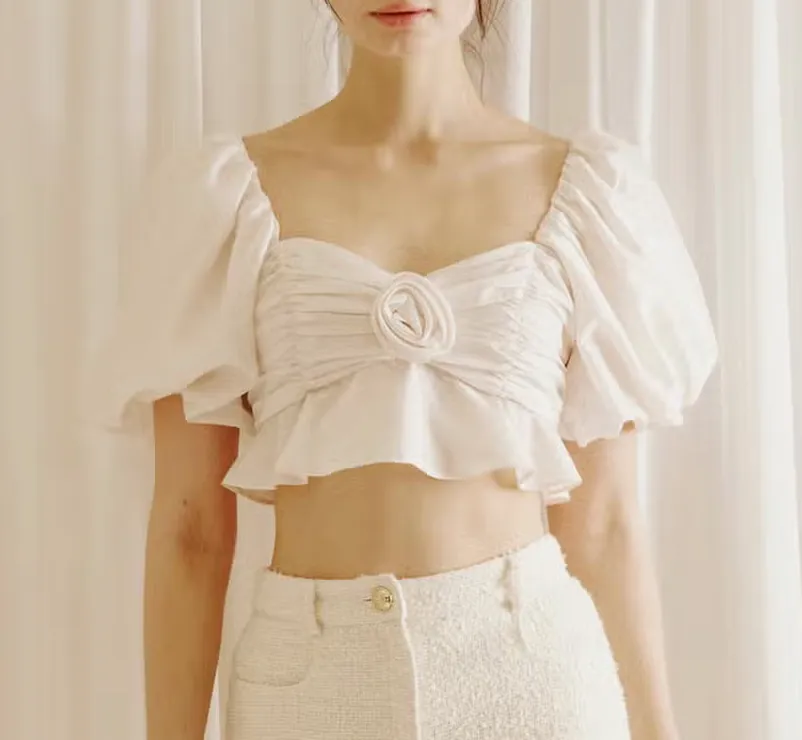 Puff Sleeve Rose Peplum Cropped Top
