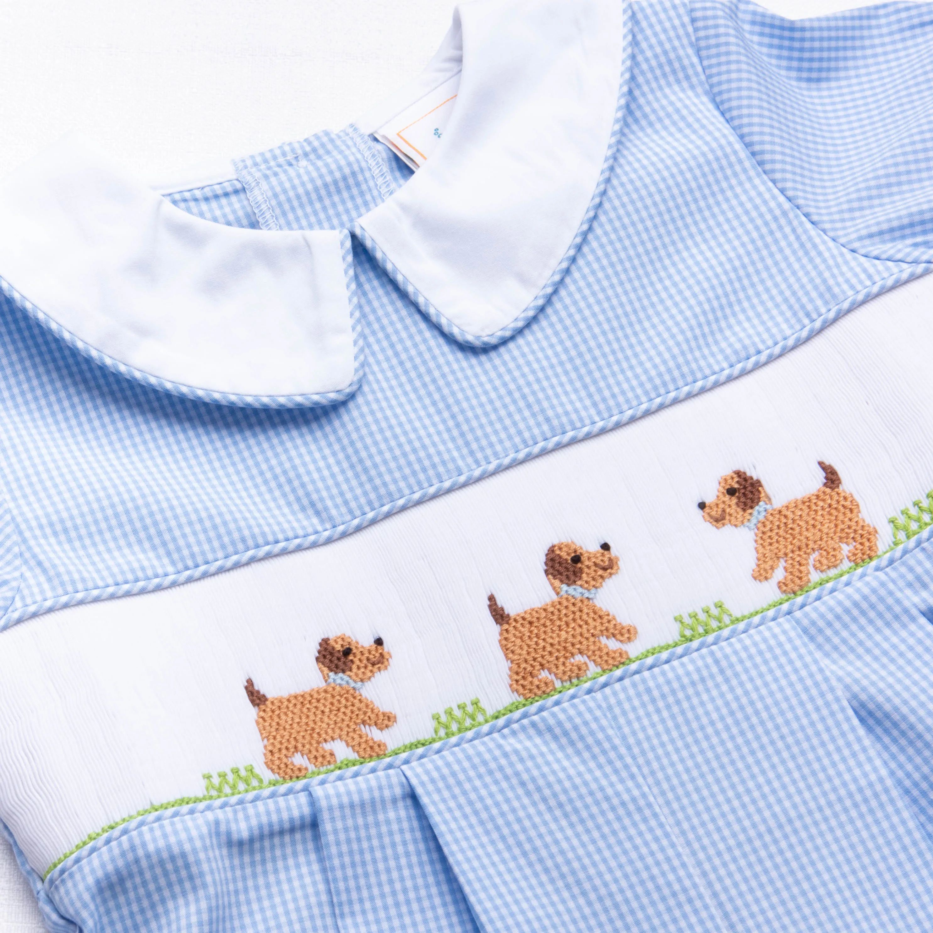Puppy Smocked Romper, Blue