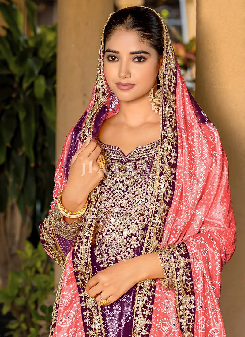 Purple And Peach Mirror Work Printed Palazzo Suit