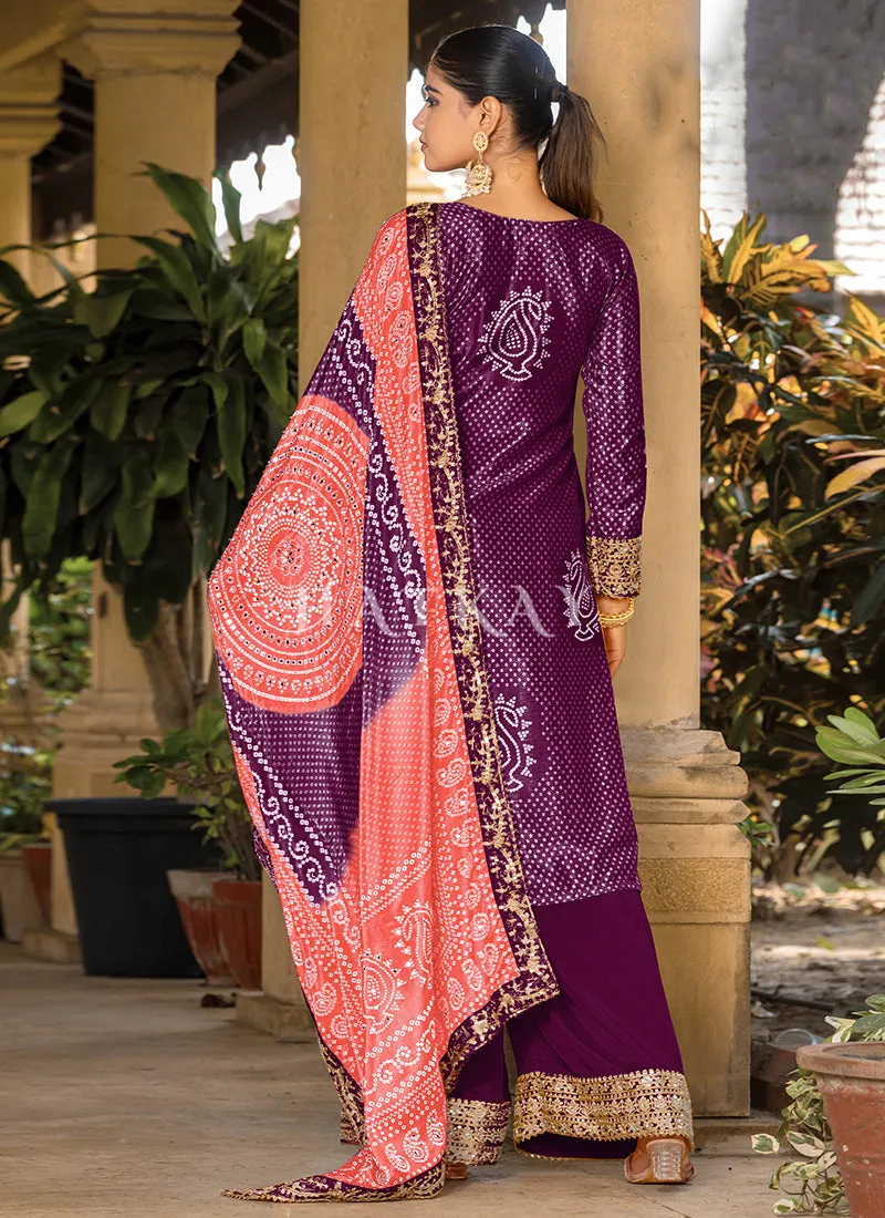 Purple And Peach Mirror Work Printed Palazzo Suit