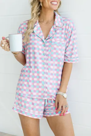 Purple Checkered Pattern Short Sleeve Pajamas Set