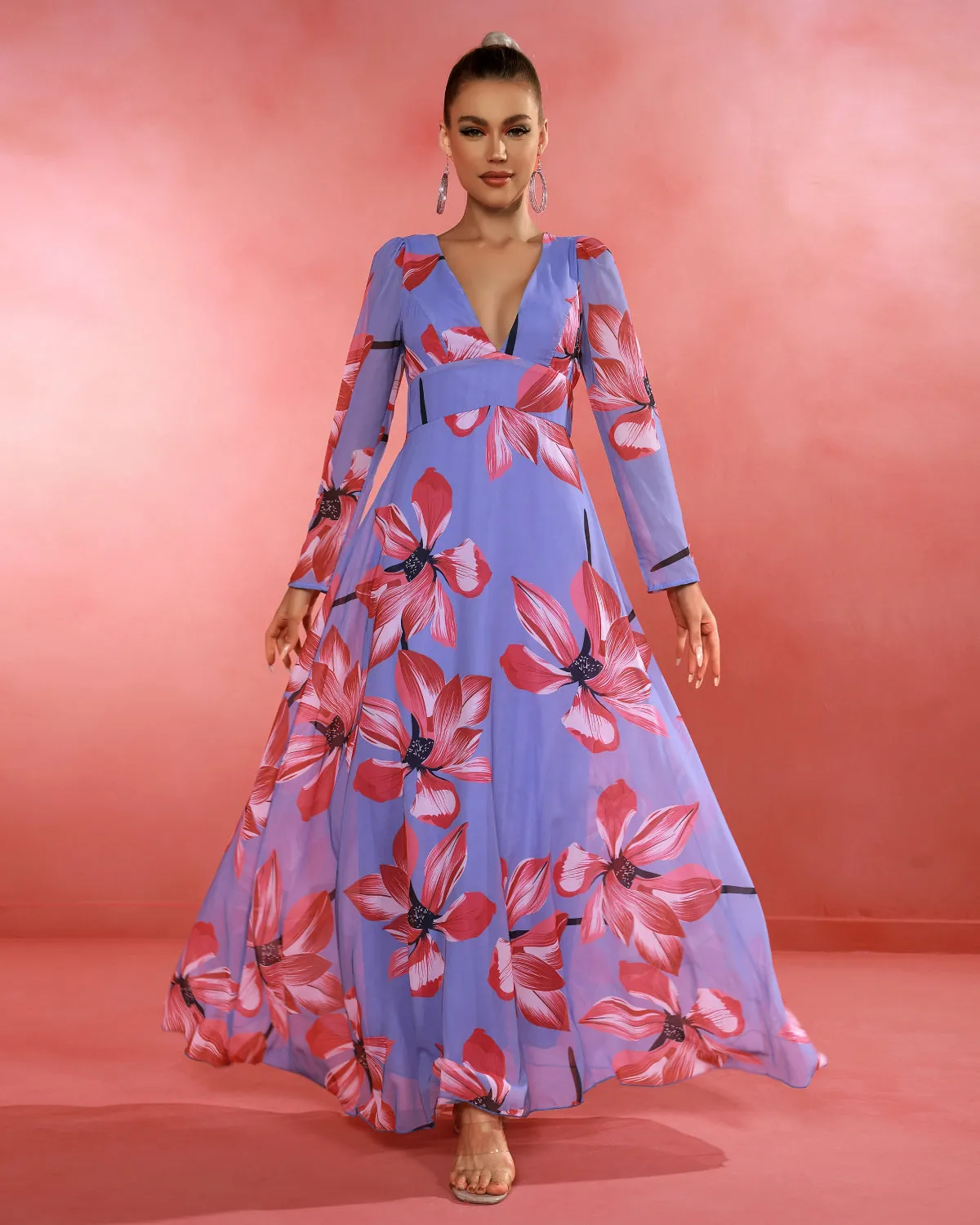 Purple Chiffon Floral Print Maxi Dress