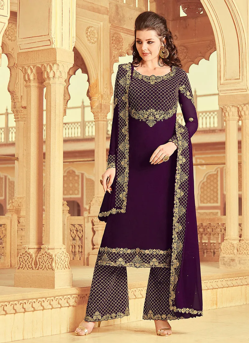 Purple Golden Embroidered Palazzo Suit