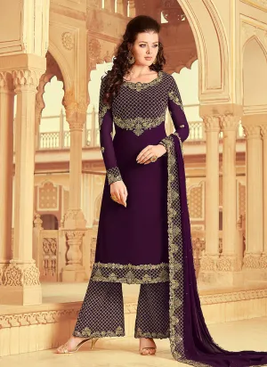 Purple Golden Embroidered Palazzo Suit
