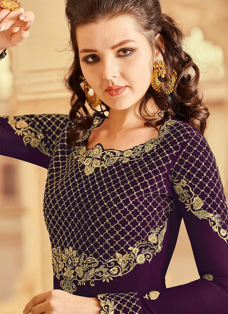 Purple Golden Embroidered Palazzo Suit