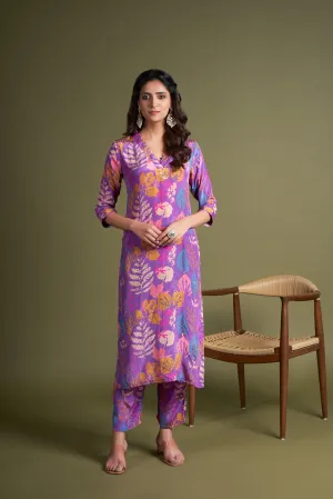 Purple Natural Crepe Kurta Set with Hand Embroidery