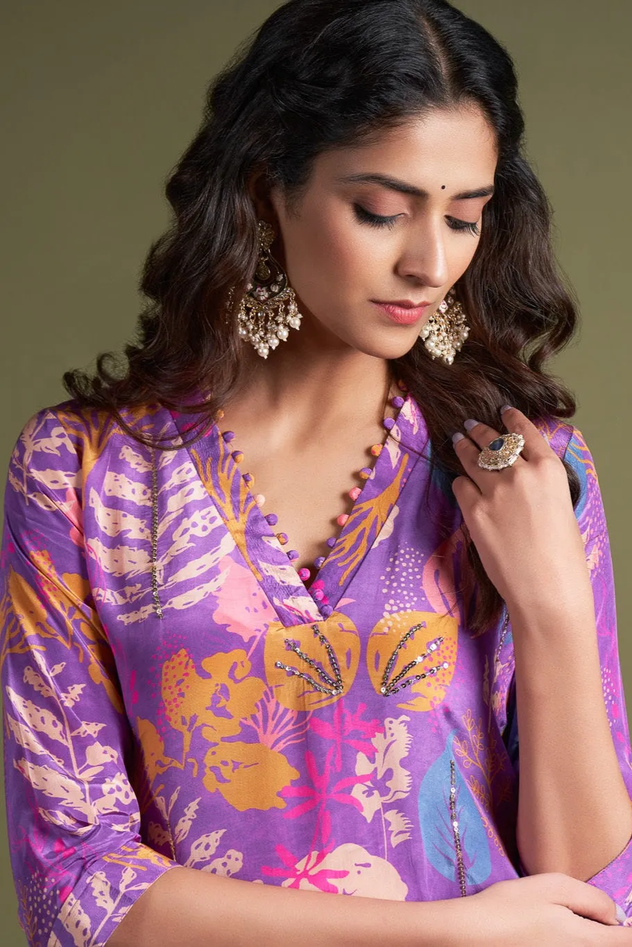 Purple Natural Crepe Kurta Set with Hand Embroidery