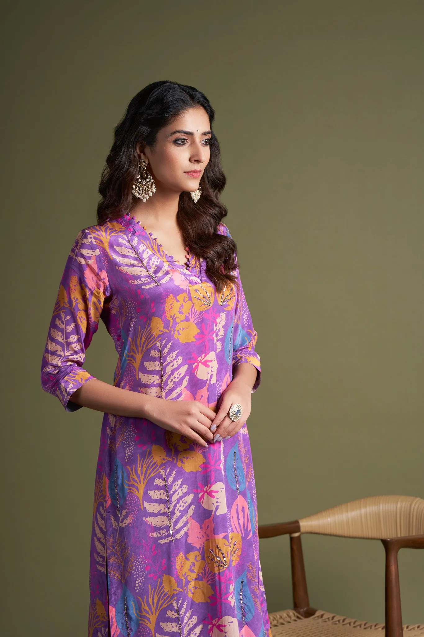 Purple Natural Crepe Kurta Set with Hand Embroidery