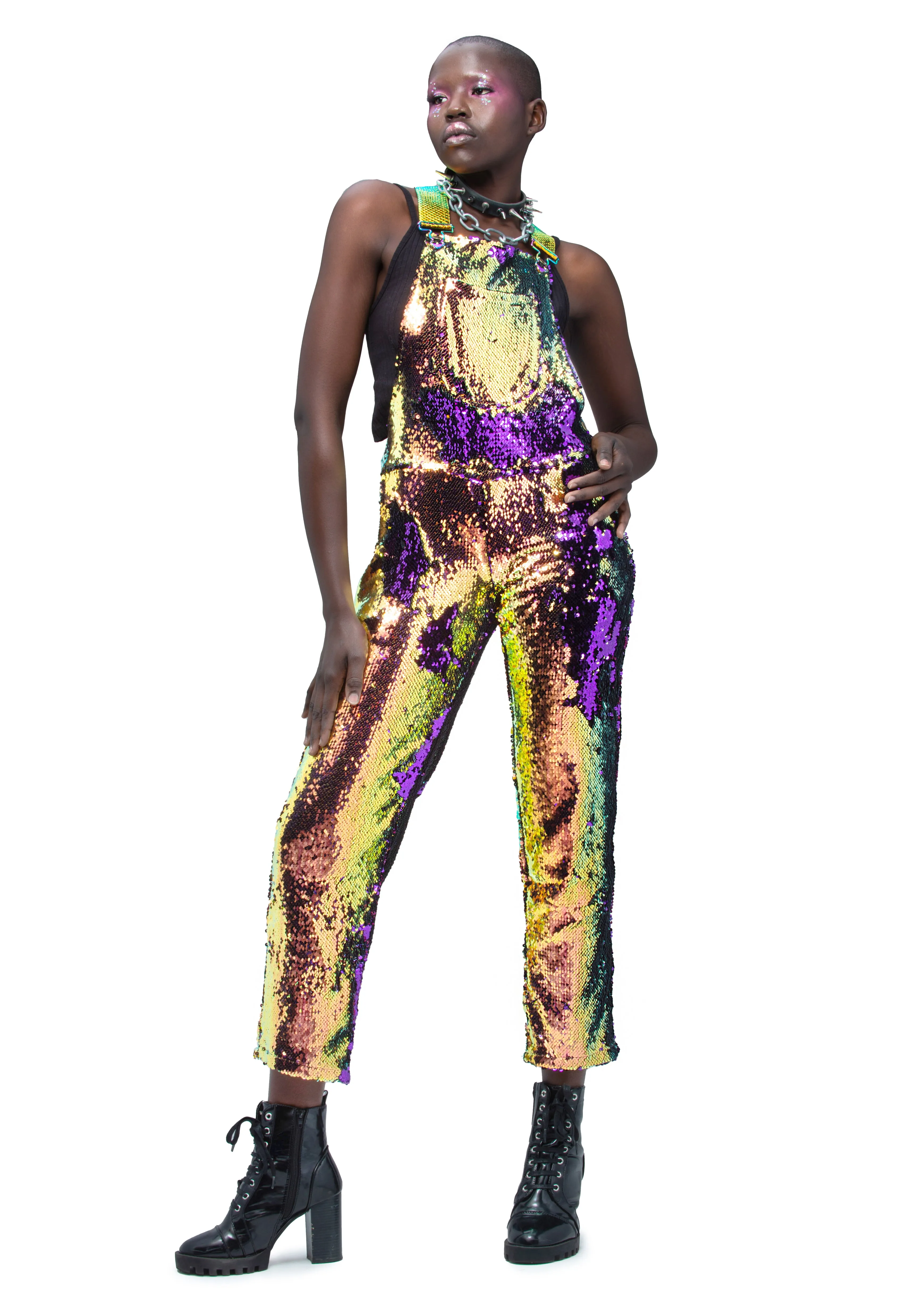 Purple Rain Straight Leg Sequin Overalls