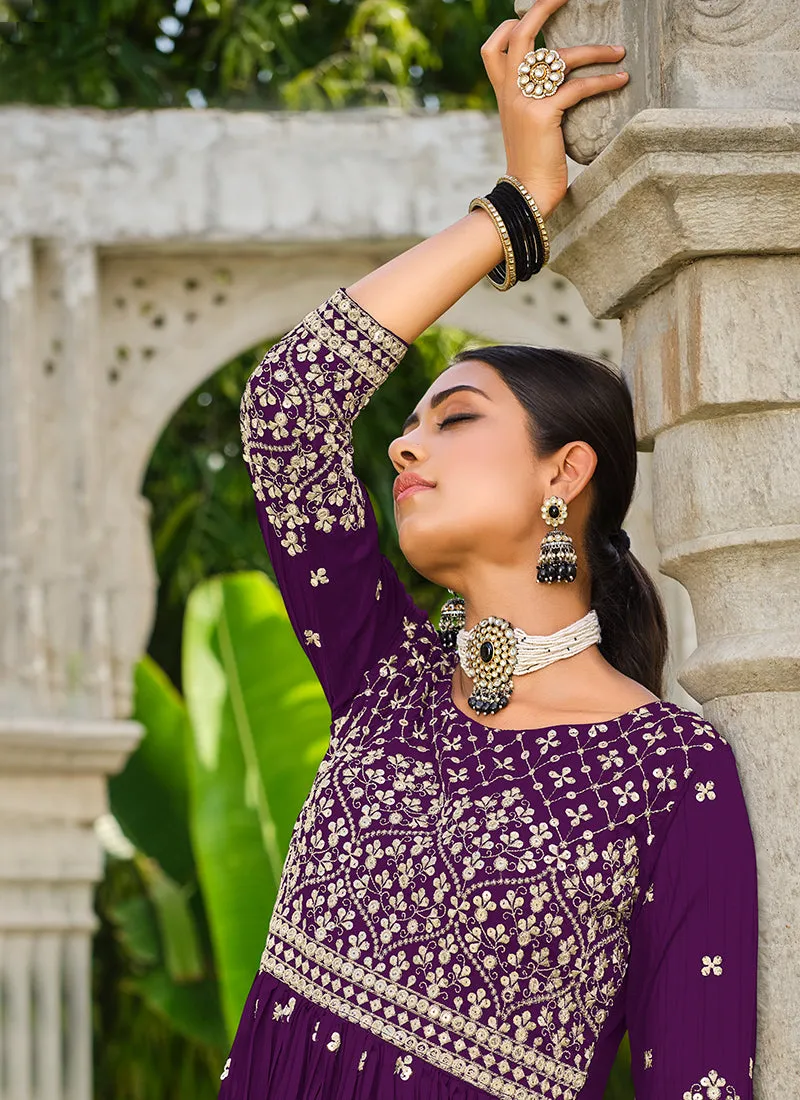 Purple Sequence Embroidery Georgette Anarkali Palazzo Suit