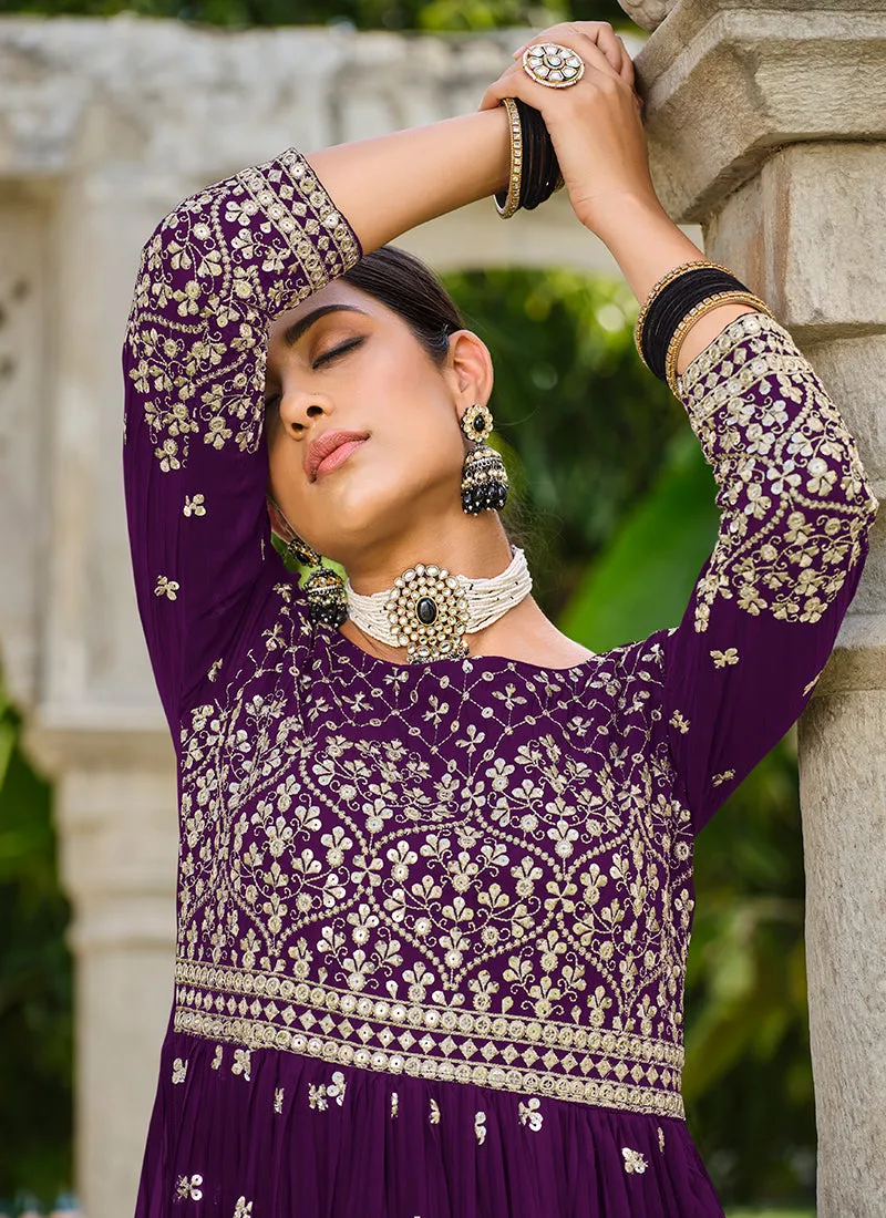 Purple Sequence Embroidery Georgette Anarkali Palazzo Suit