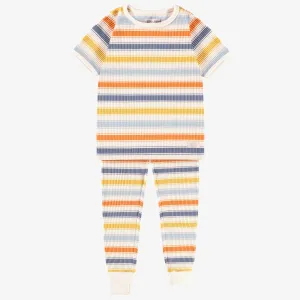 Pyjama deux pièces crème en tricot côtelé à rayures, enfant || Cream rib-knit two-piece pajamas with stripes, child