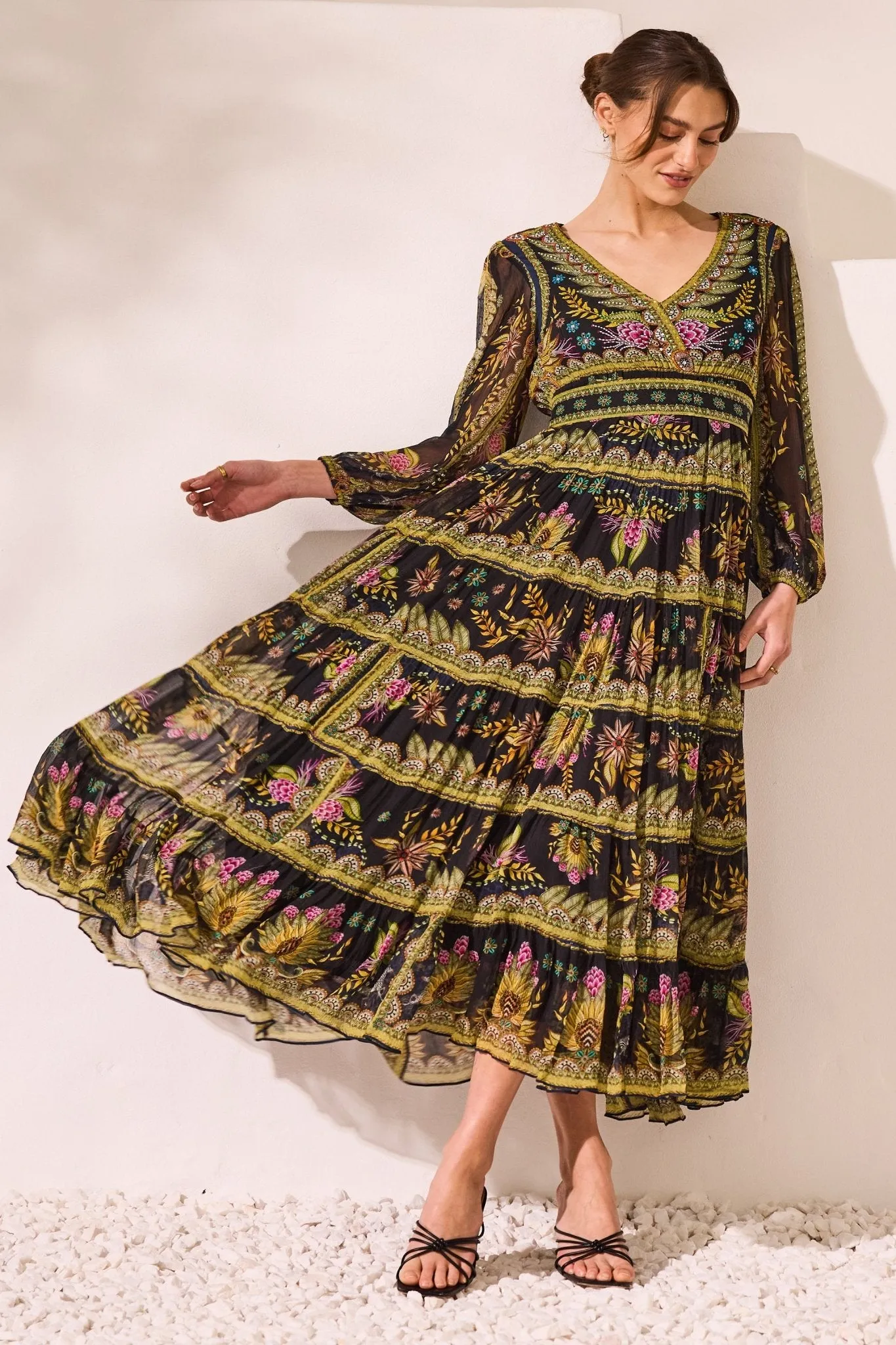 Queen Of Savannah Vn Shirred Maxi Dress