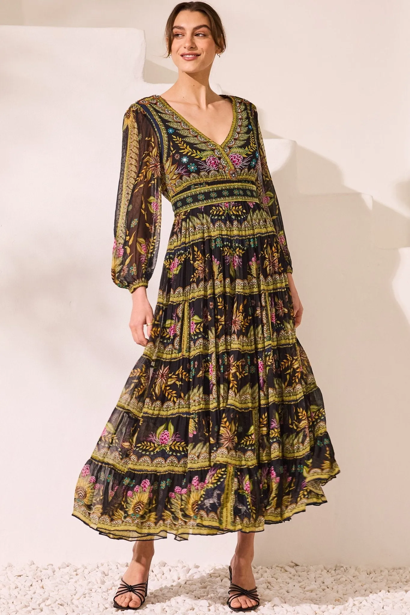 Queen Of Savannah Vn Shirred Maxi Dress