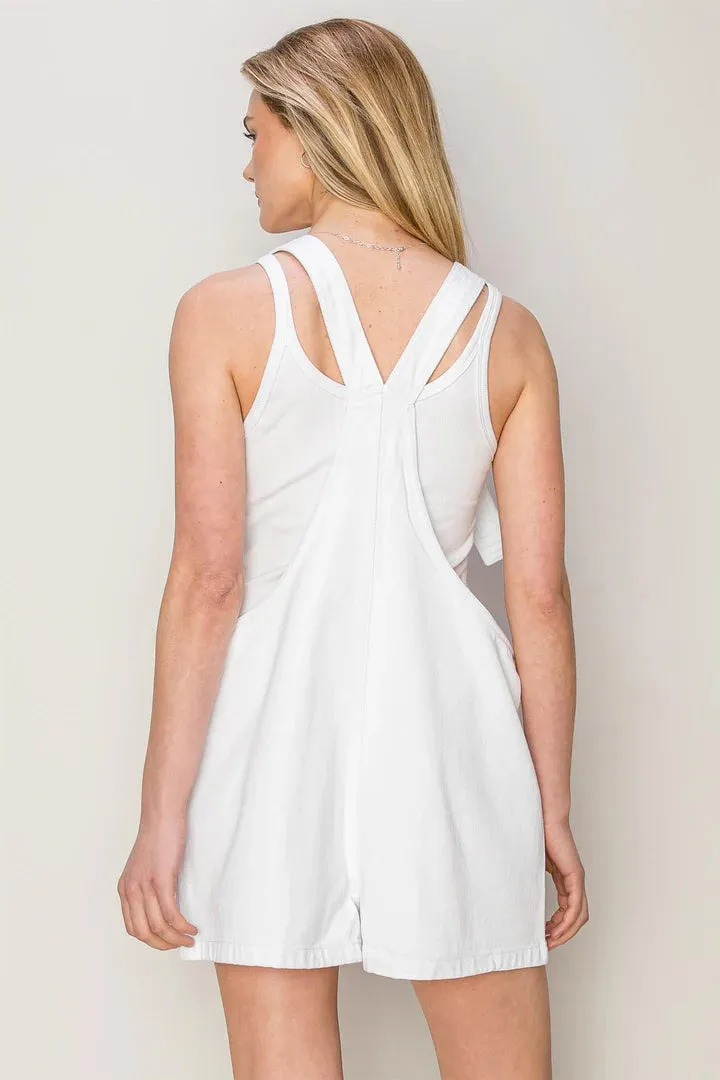 Quinn Washed Cotton Twill Overall Shorts In White