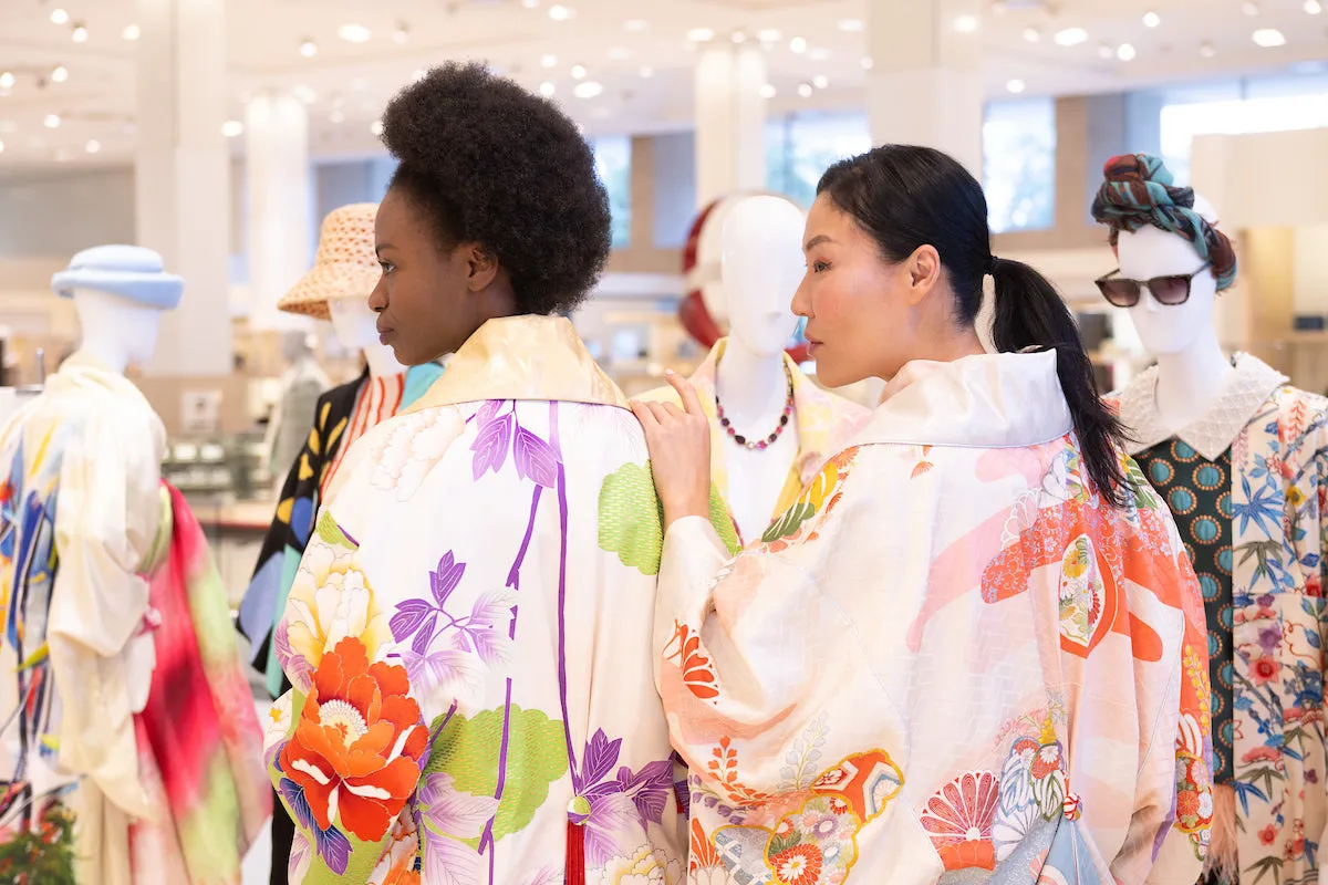 "Boudoir Doll Cocoon Coat Dress" Reimagined Vintage Kimono - Kimono Zulu Artist Collaboration with Judy Masliyah