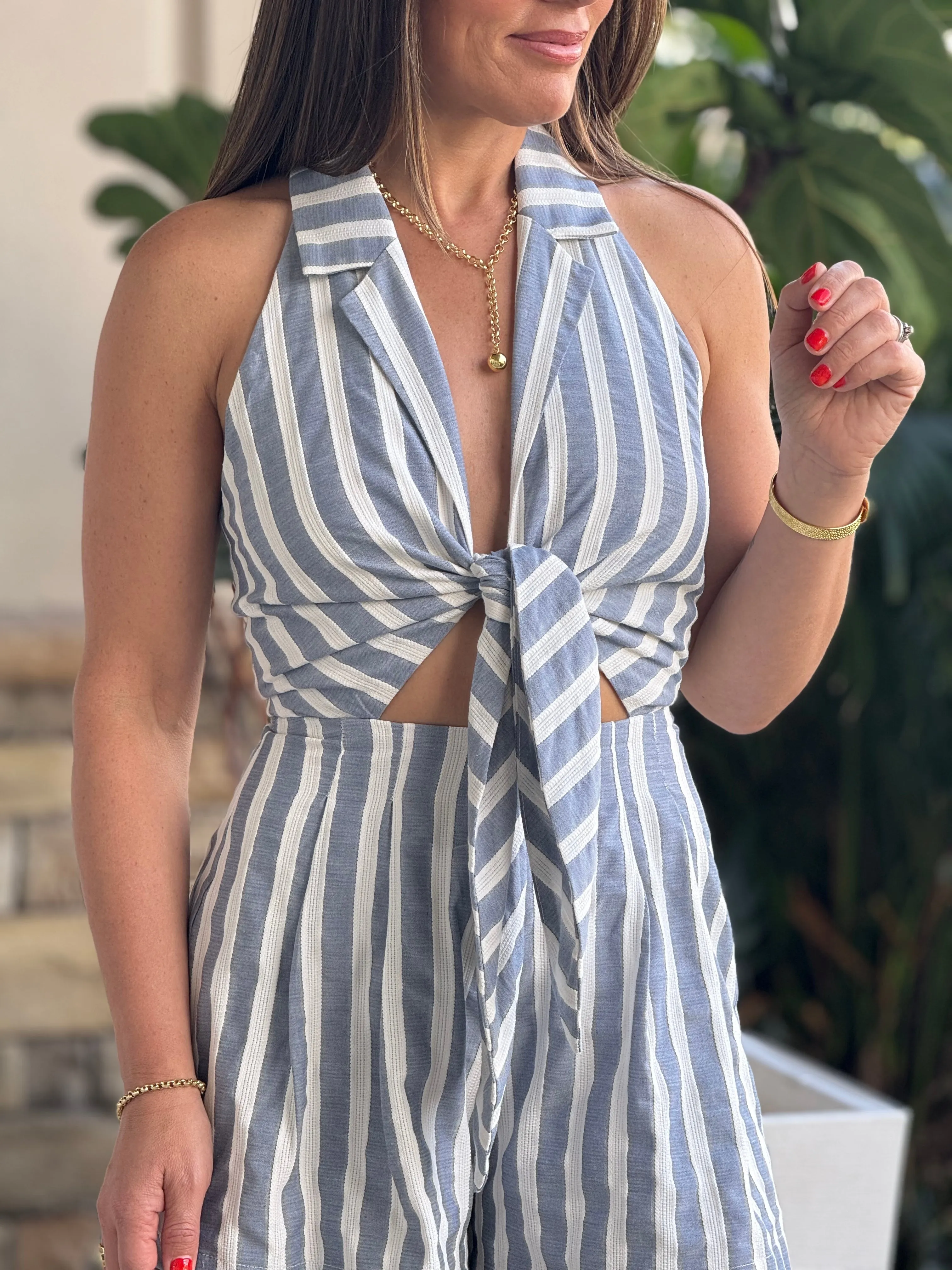 "Laurie" Halter Linen Striped Romper, Ties In The Front