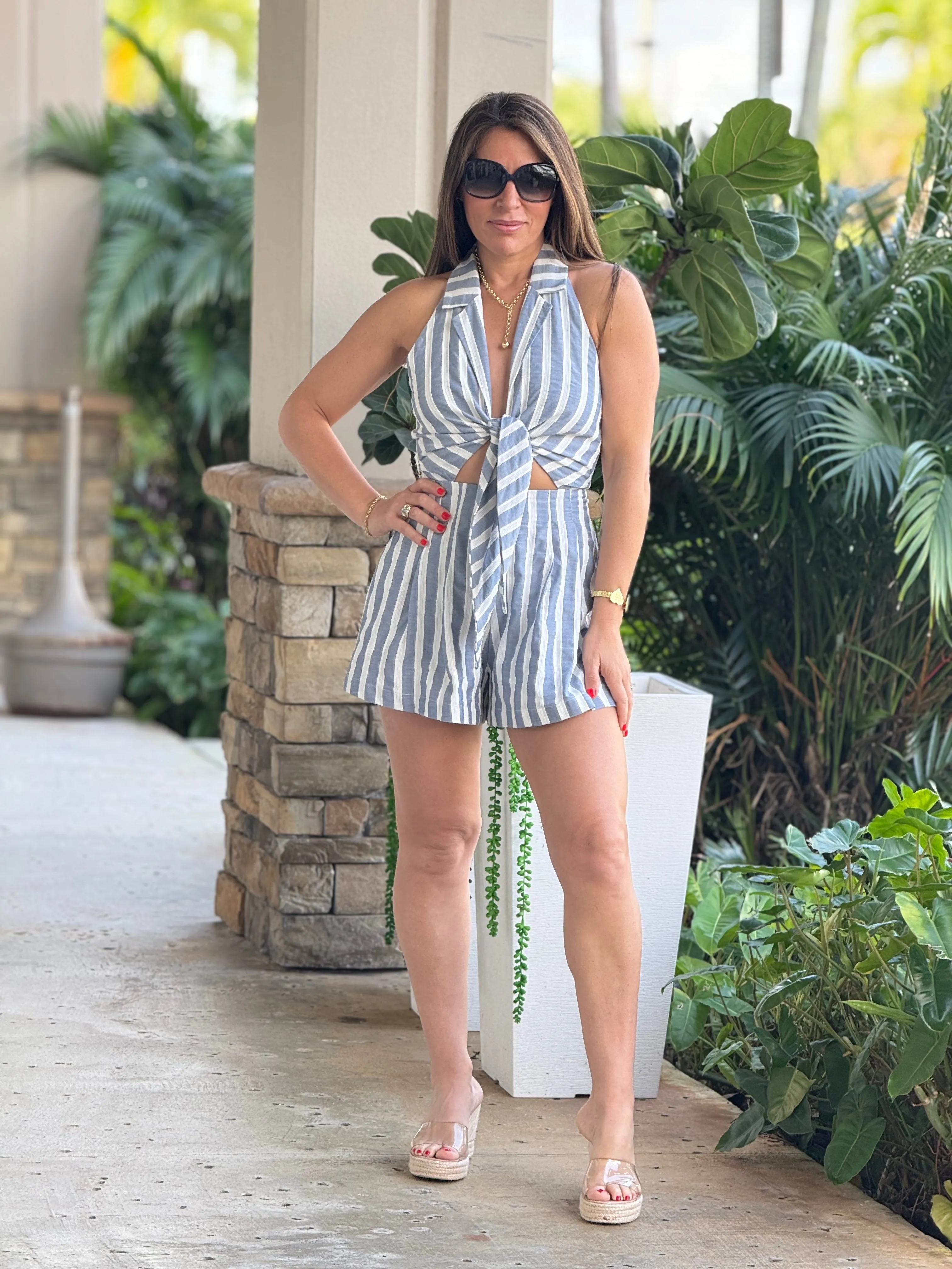 "Laurie" Halter Linen Striped Romper, Ties In The Front