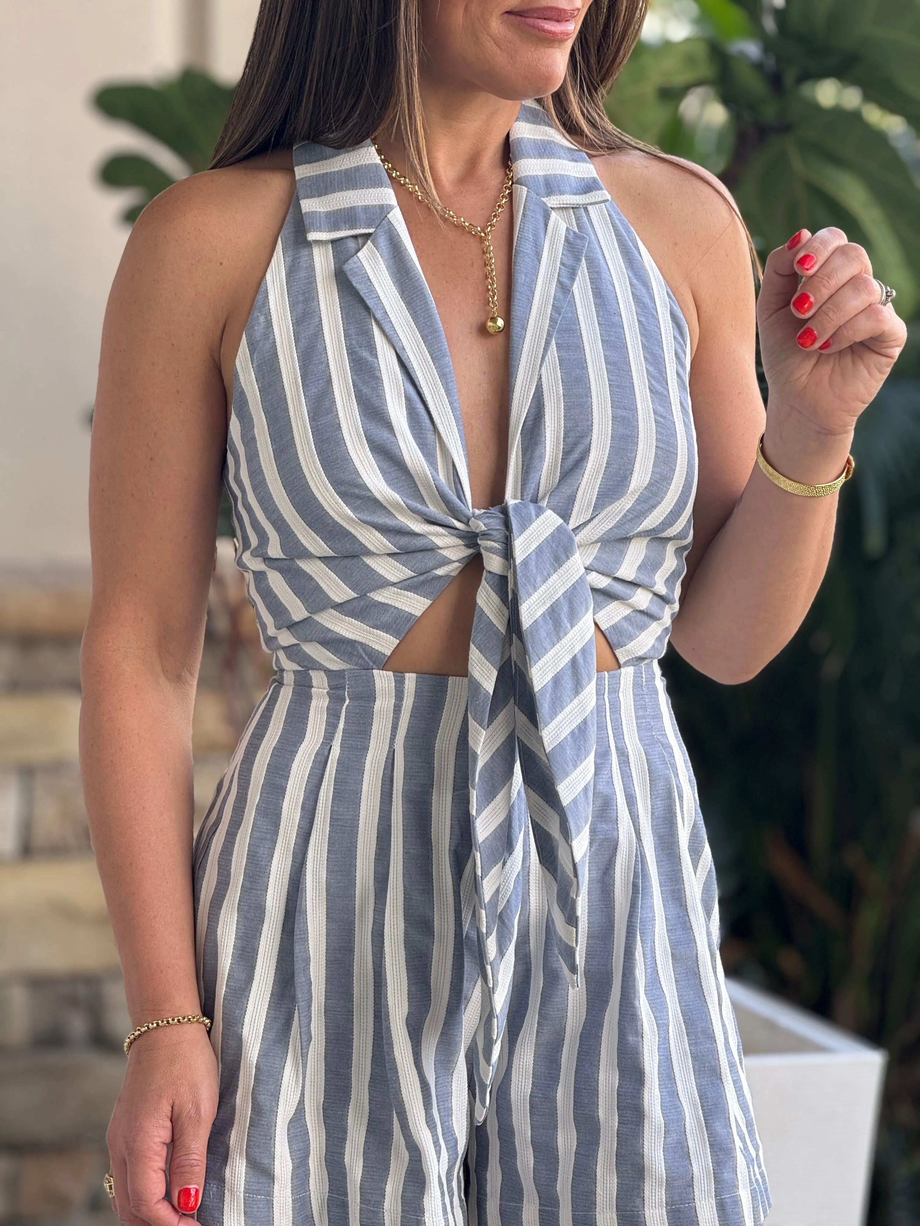 "Laurie" Halter Linen Striped Romper, Ties In The Front