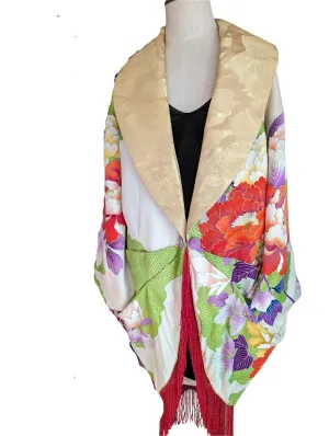 "Vibrant Peony Cocoon Coat Dress" Reimagined Vintage Kimono - Kimono Zulu Artist Collaboration with Judy Masliyah