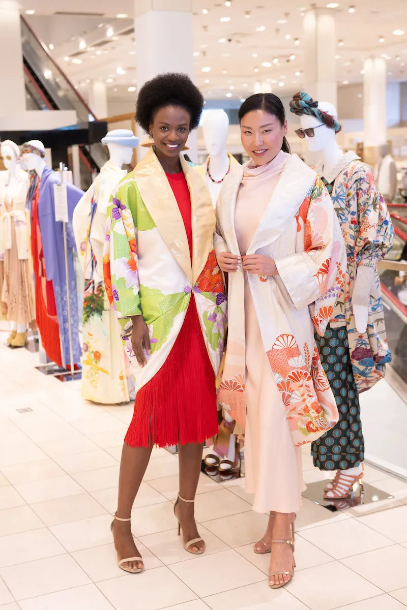 "Vibrant Peony Cocoon Coat Dress" Reimagined Vintage Kimono - Kimono Zulu Artist Collaboration with Judy Masliyah