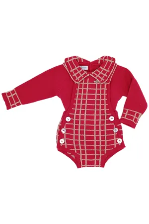 "Vinnie" Red & Camel Check Knit Dungaree Romper Set
