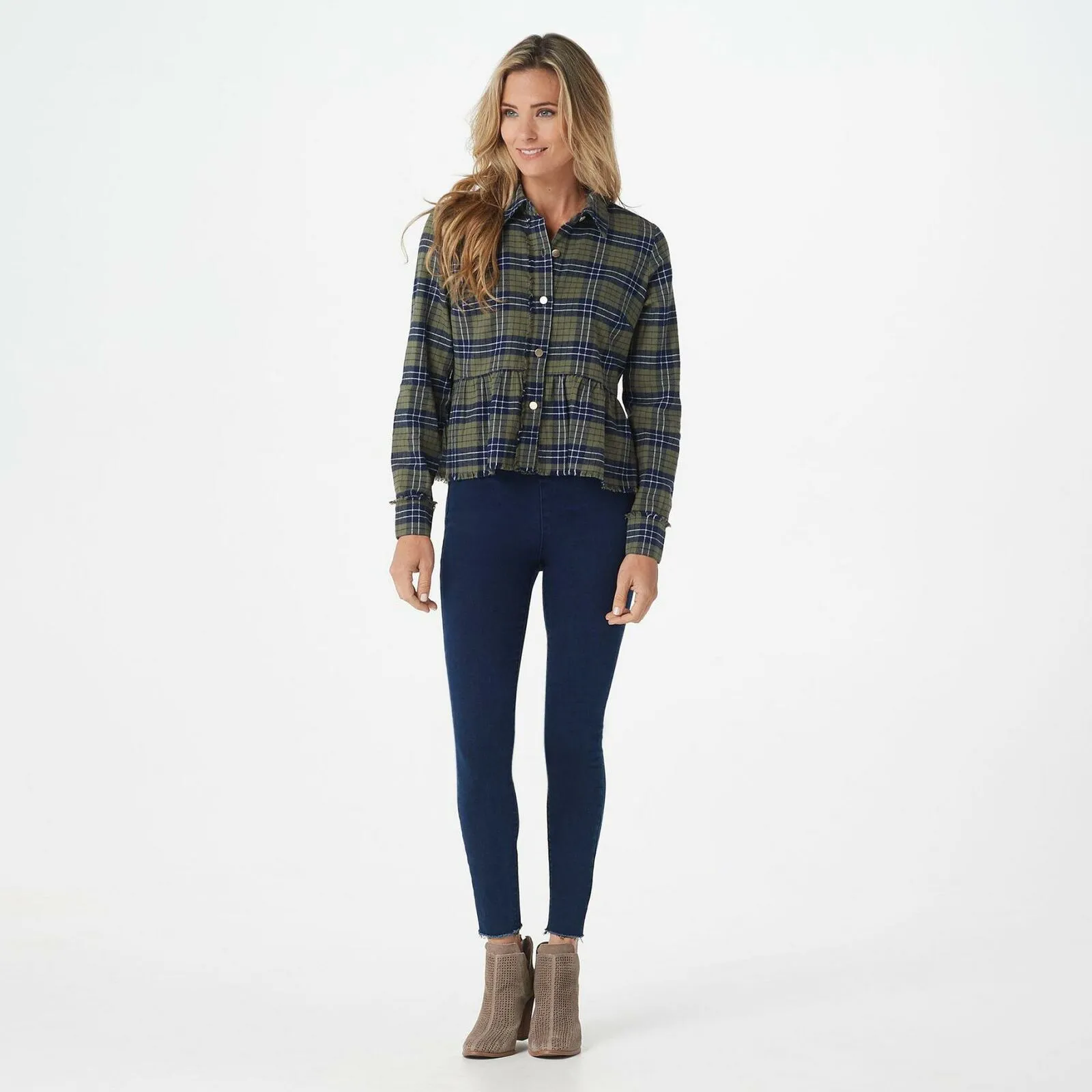 Rachel Hollis Women's Button Front Flannel Peplum Top