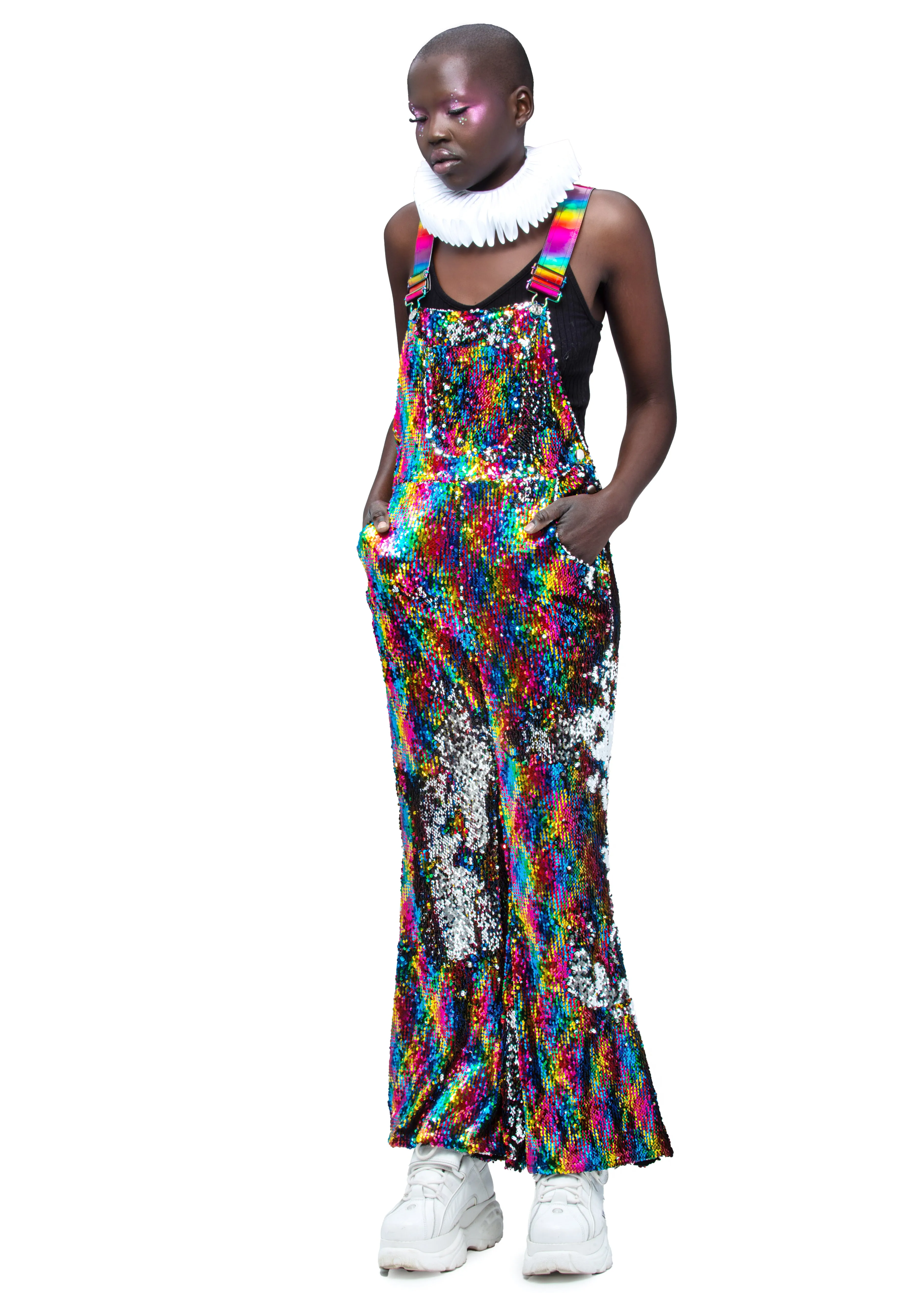 Rainbow Road Flared Sequin Overalls