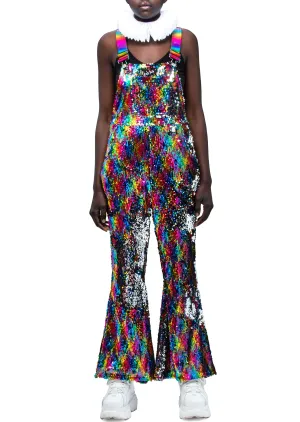 Rainbow Road Flared Sequin Overalls