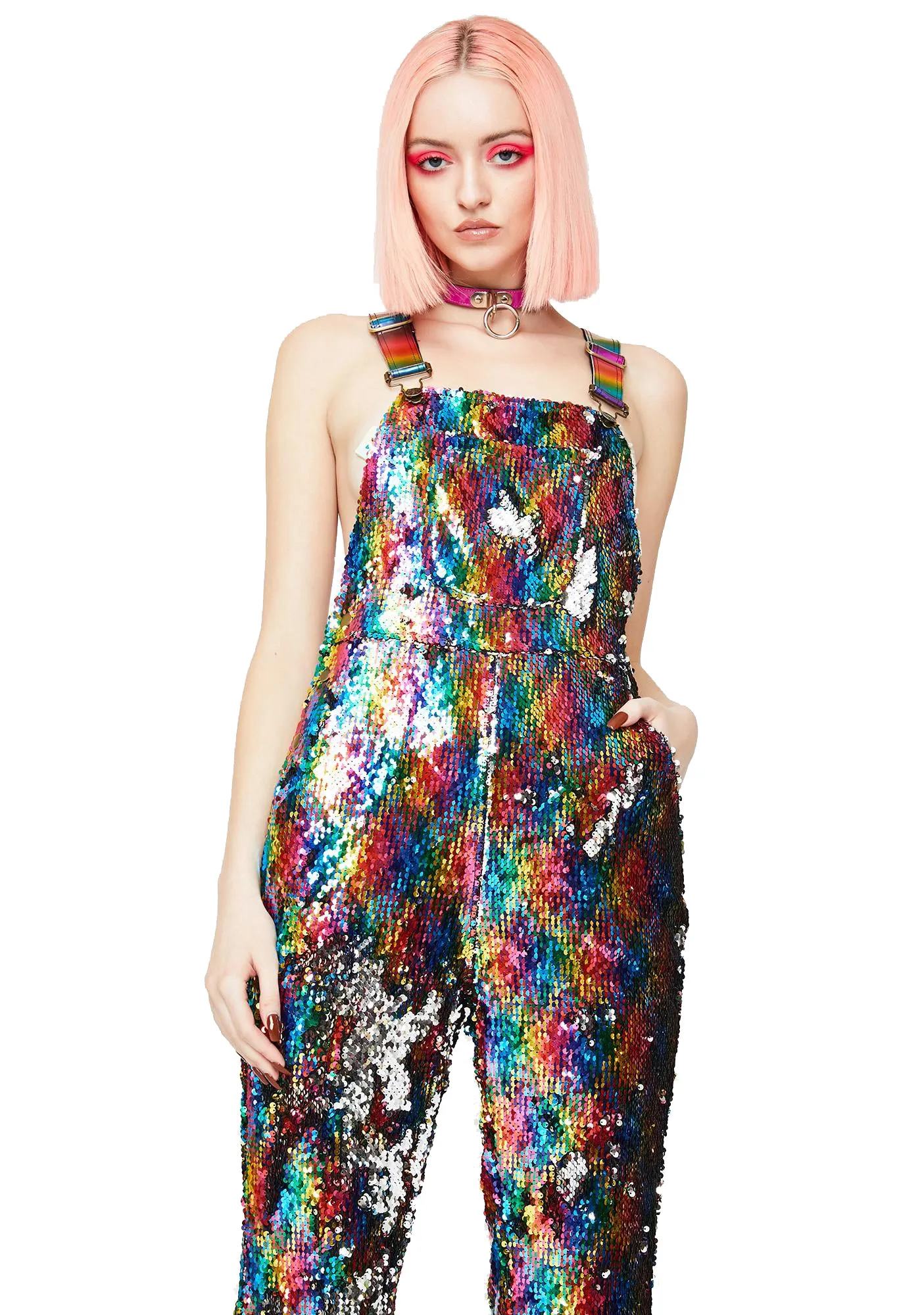 Rainbow Road Flared Sequin Overalls