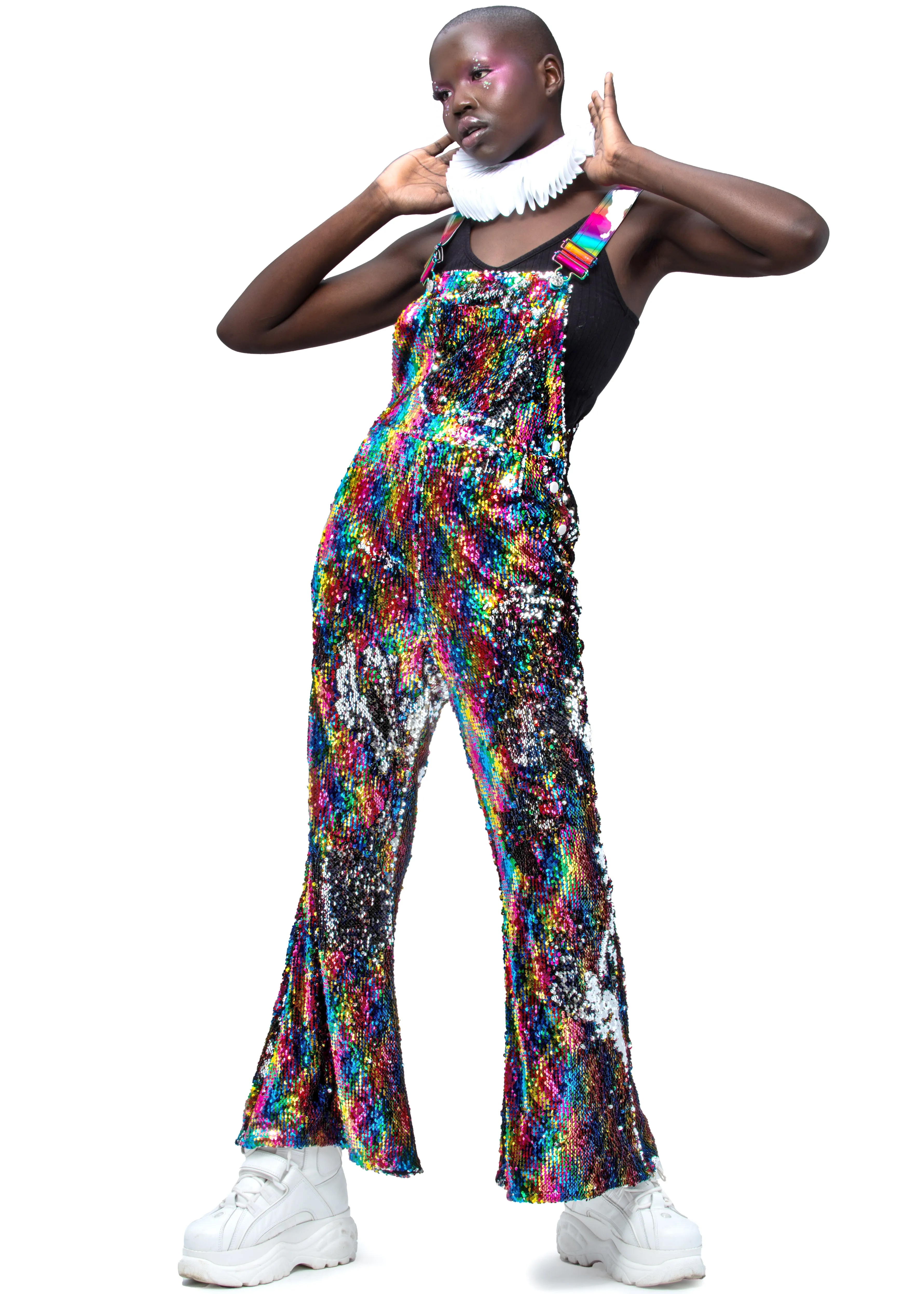 Rainbow Road Flared Sequin Overalls