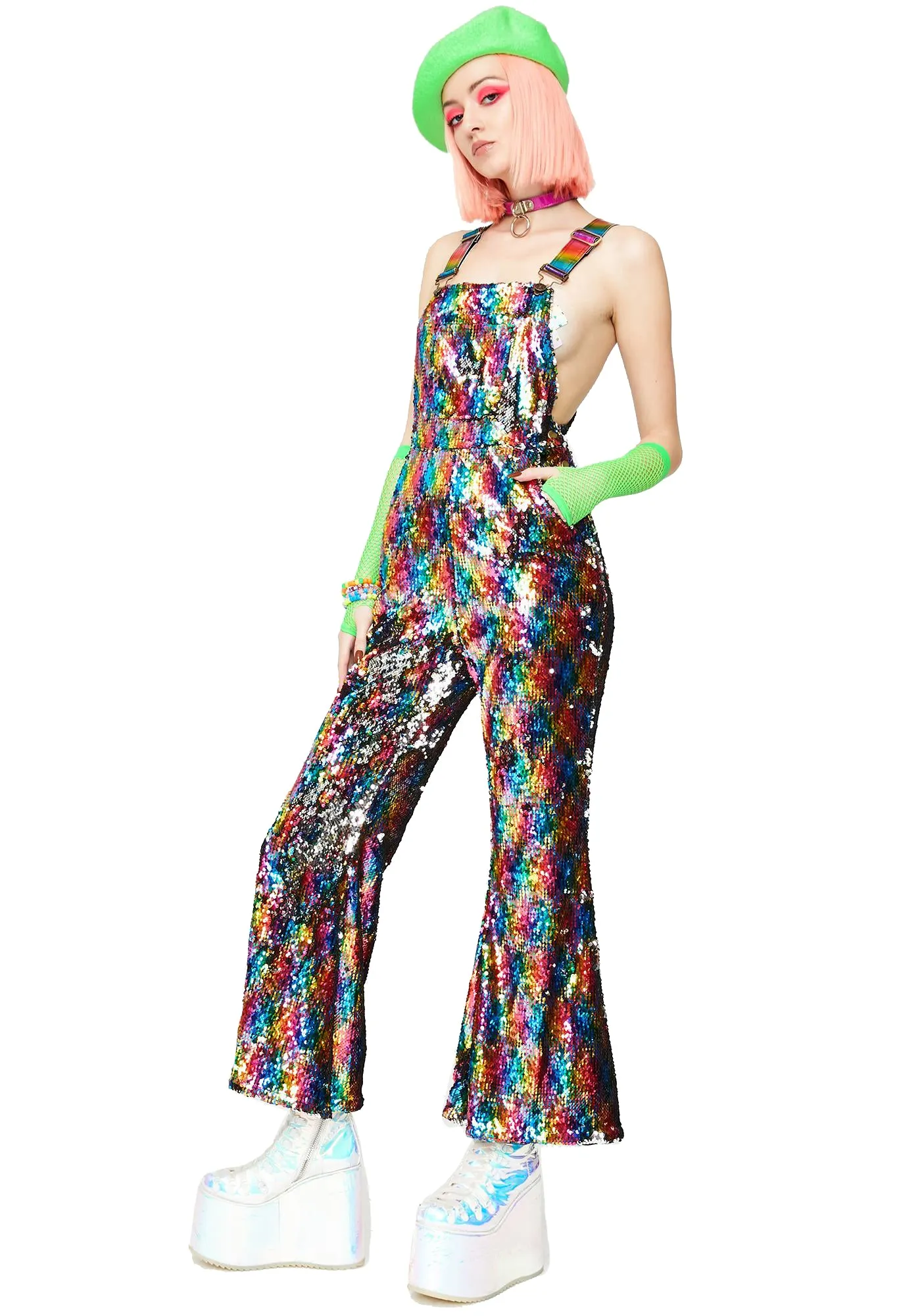 Rainbow Road Flared Sequin Overalls