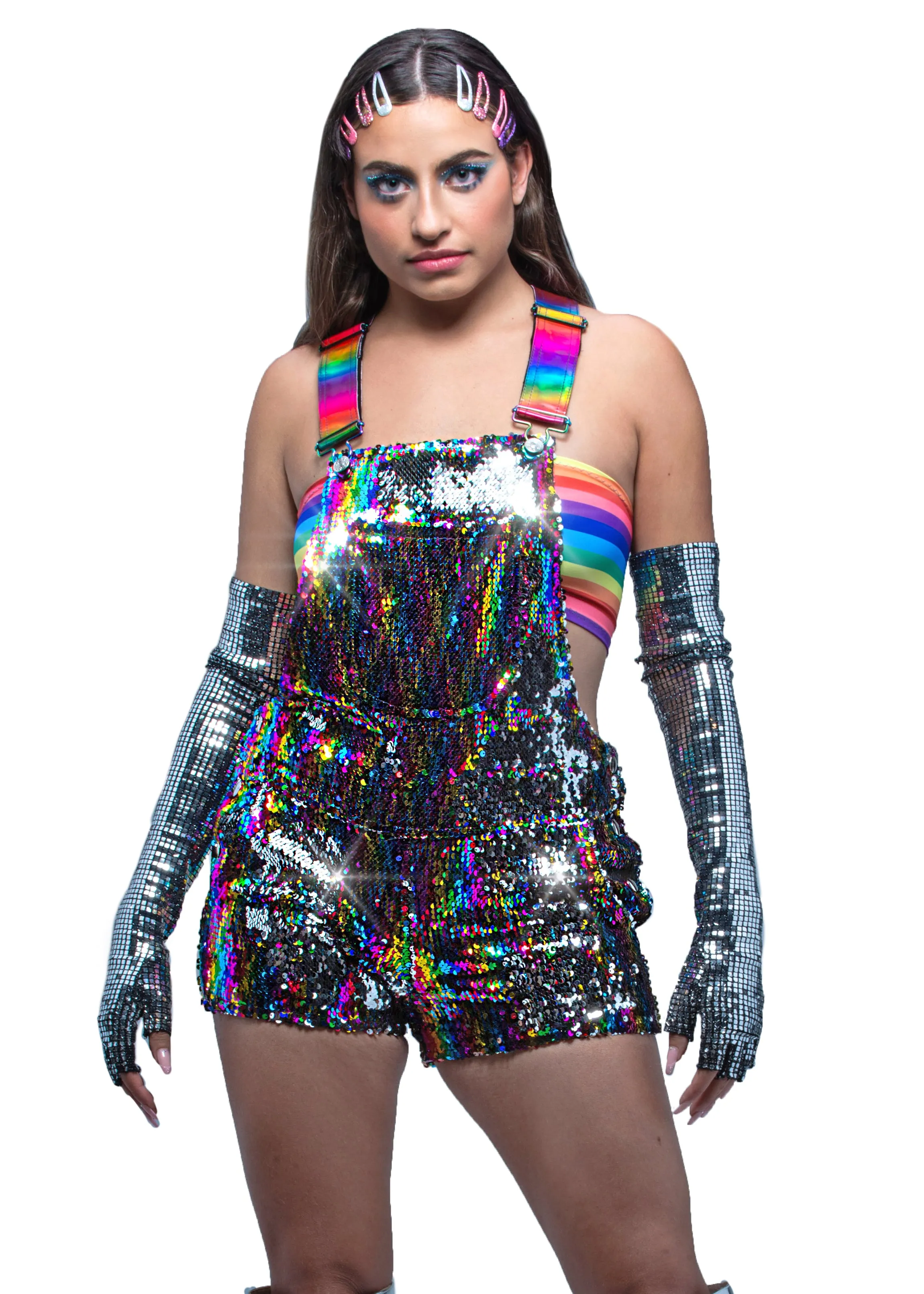 Rainbow Road Short Sequin Overalls