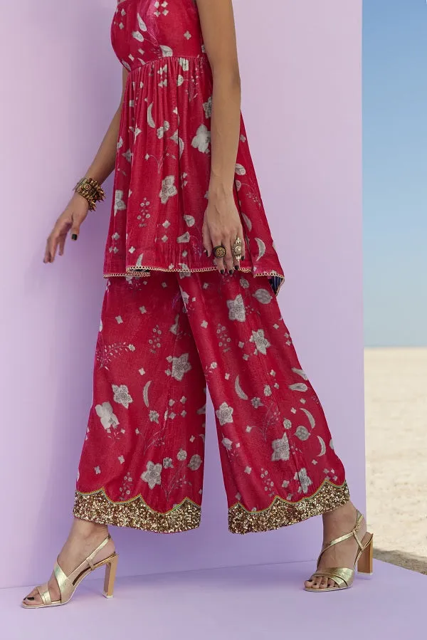 Raji Ramniq   I   Magenta Printed Silk Velvet  Kurta Set We-106