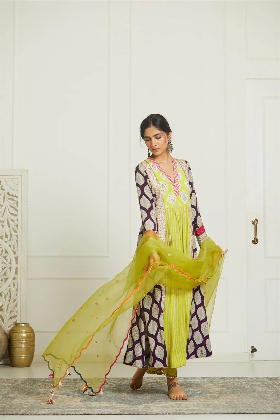 Raji Ramniq Mehezebeen Collection Purple Lime Kurta Palazzo Dupatta Mb-108