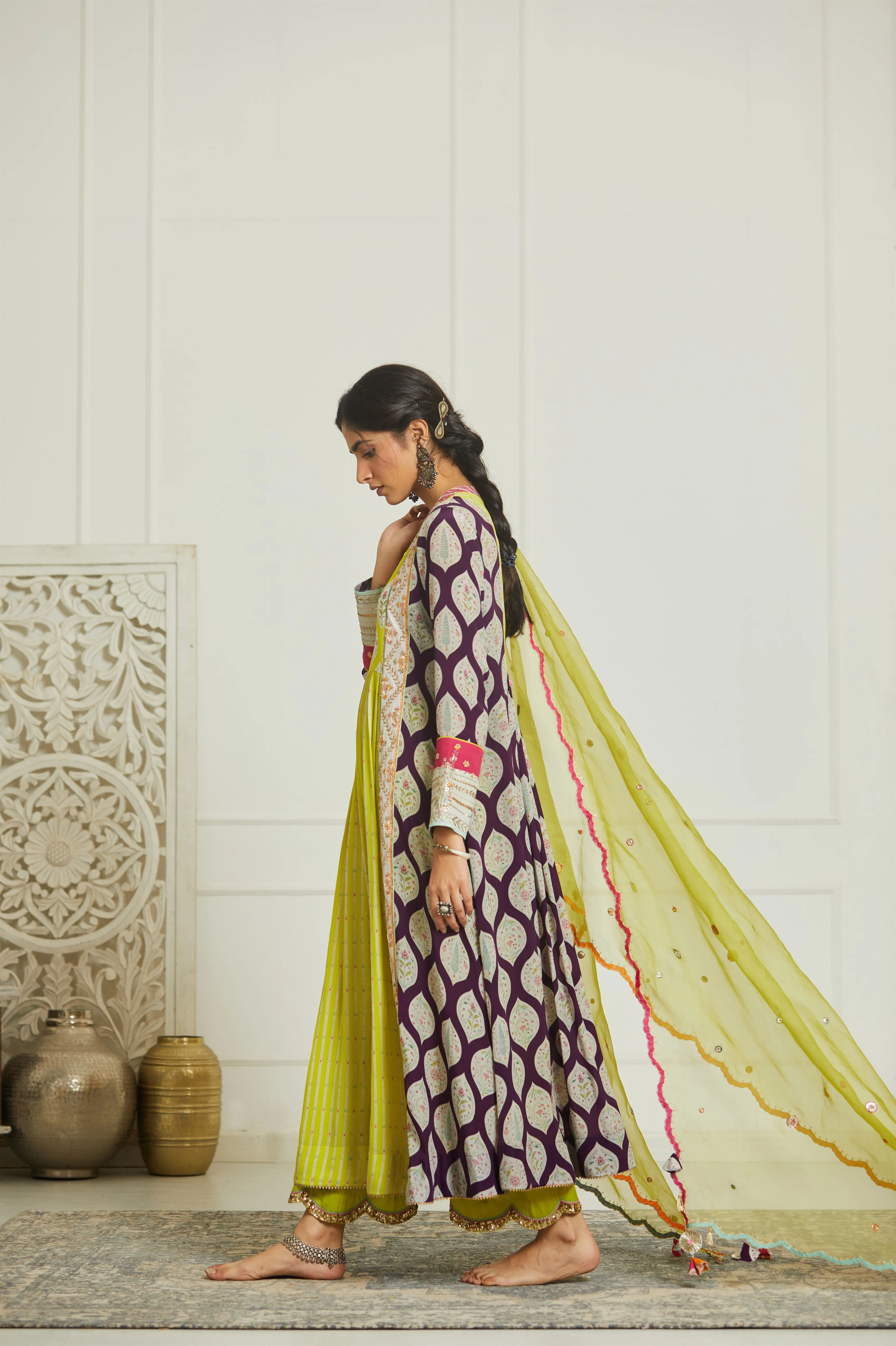 Raji Ramniq Mehezebeen Collection Purple Lime Kurta Palazzo Dupatta Mb-108
