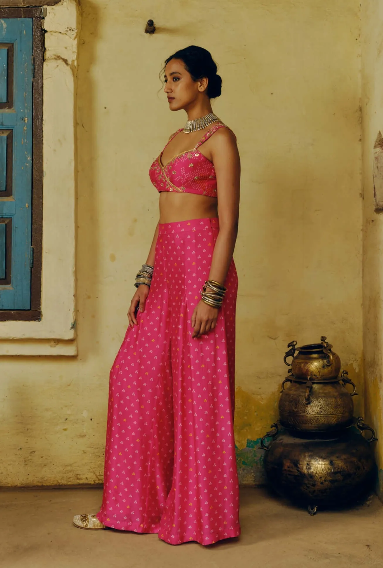 Rani pink crop top and pleat palazzo pants