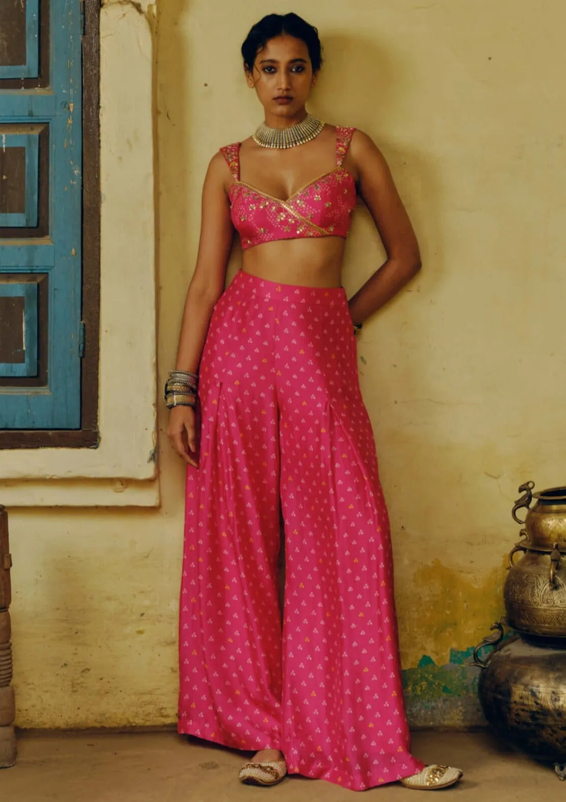 Rani pink crop top and pleat palazzo pants