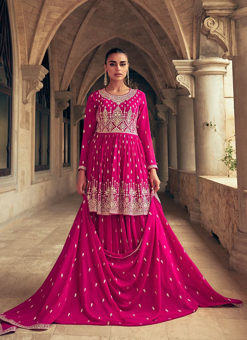 Rani Pink Reshamkari Embroidered Wedding Lehenga Kurti And Dupatta