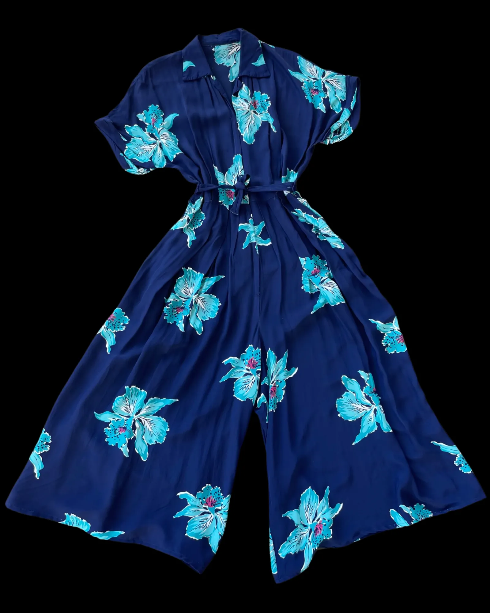 Rare 1940s Cold Rayon Floral Zip Front Palazzo Jumpsuit