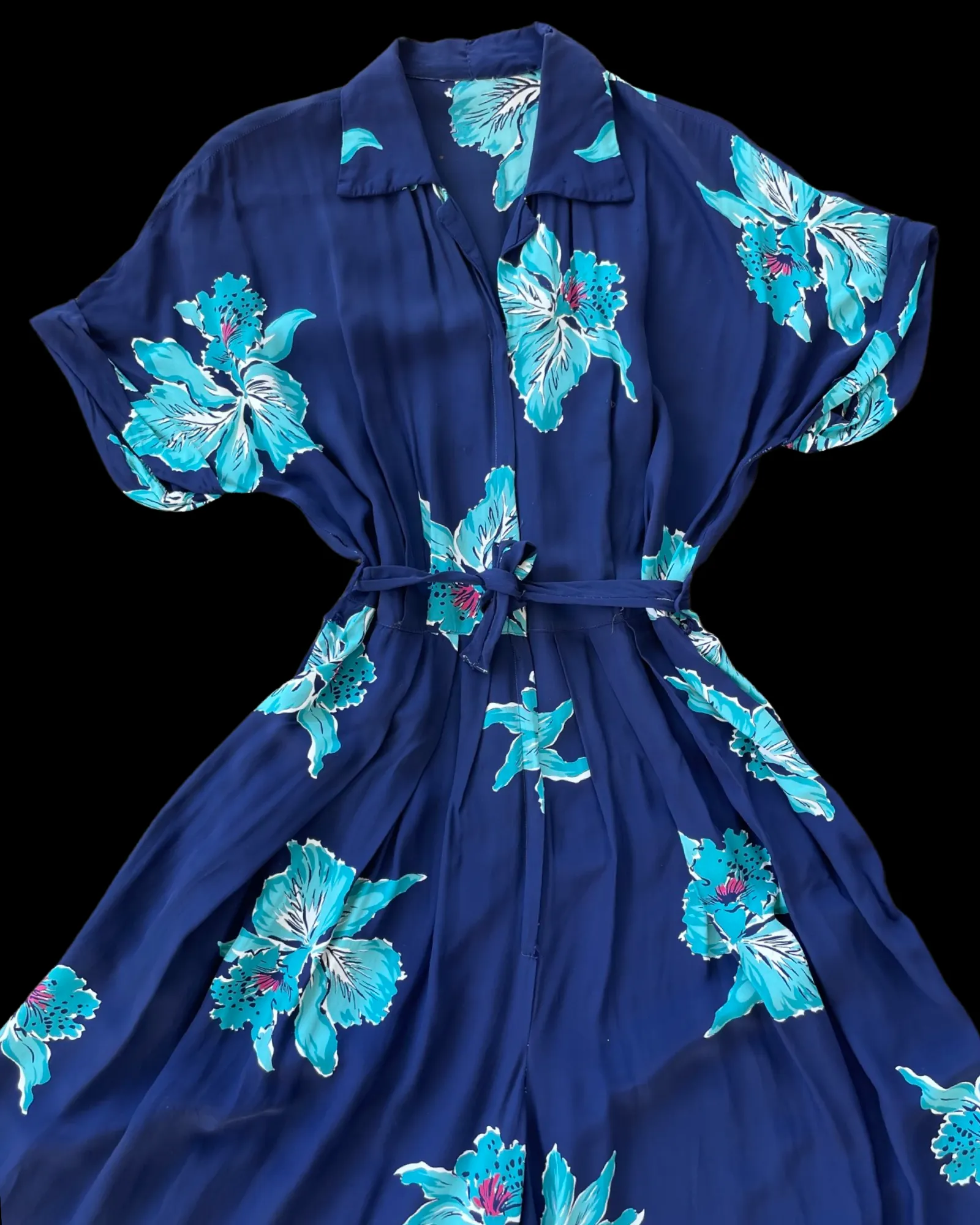 Rare 1940s Cold Rayon Floral Zip Front Palazzo Jumpsuit