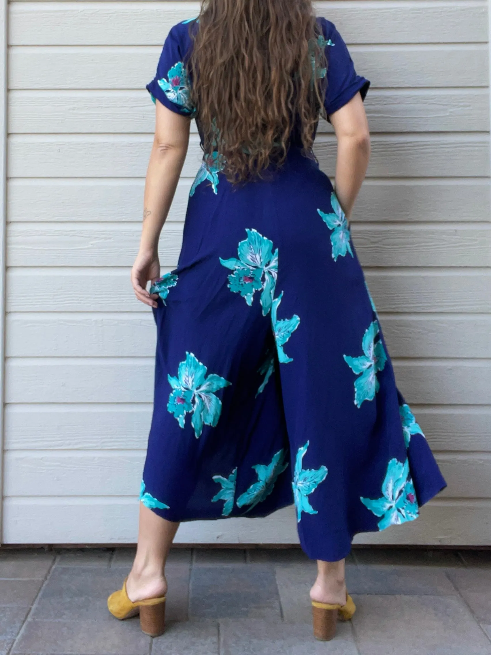 Rare 1940s Cold Rayon Floral Zip Front Palazzo Jumpsuit