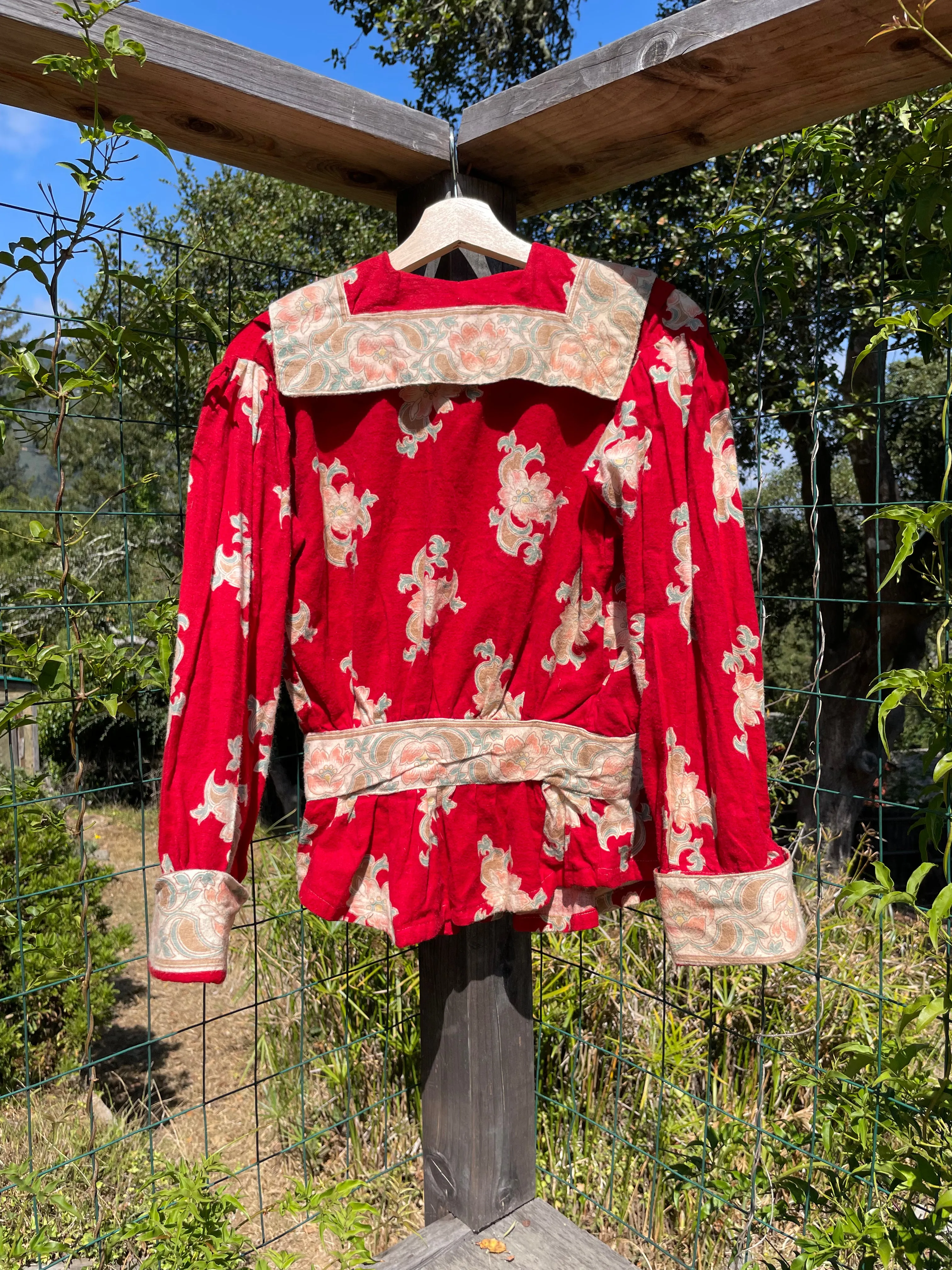 Rare Antique Floral Turkey Red Cotton Flannel Sailor Collar Blouse