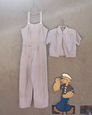 Rare Early 1940s Striped Seersucker Ladies Bib Overalls Set