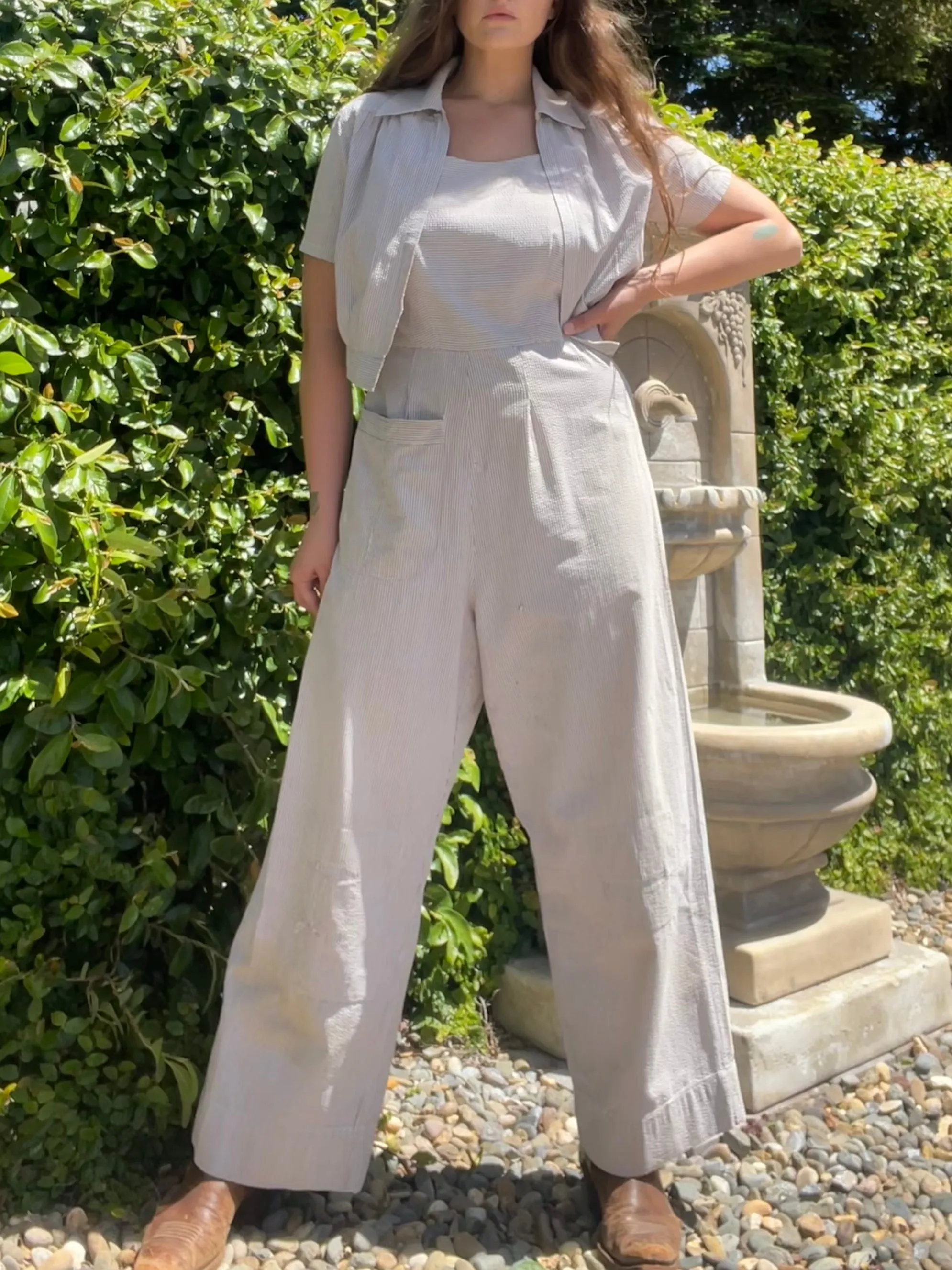 Rare Early 1940s Striped Seersucker Ladies Bib Overalls Set
