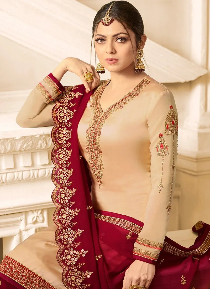 Red And Cream Embroidered Designer Gharara Palazzo Suit