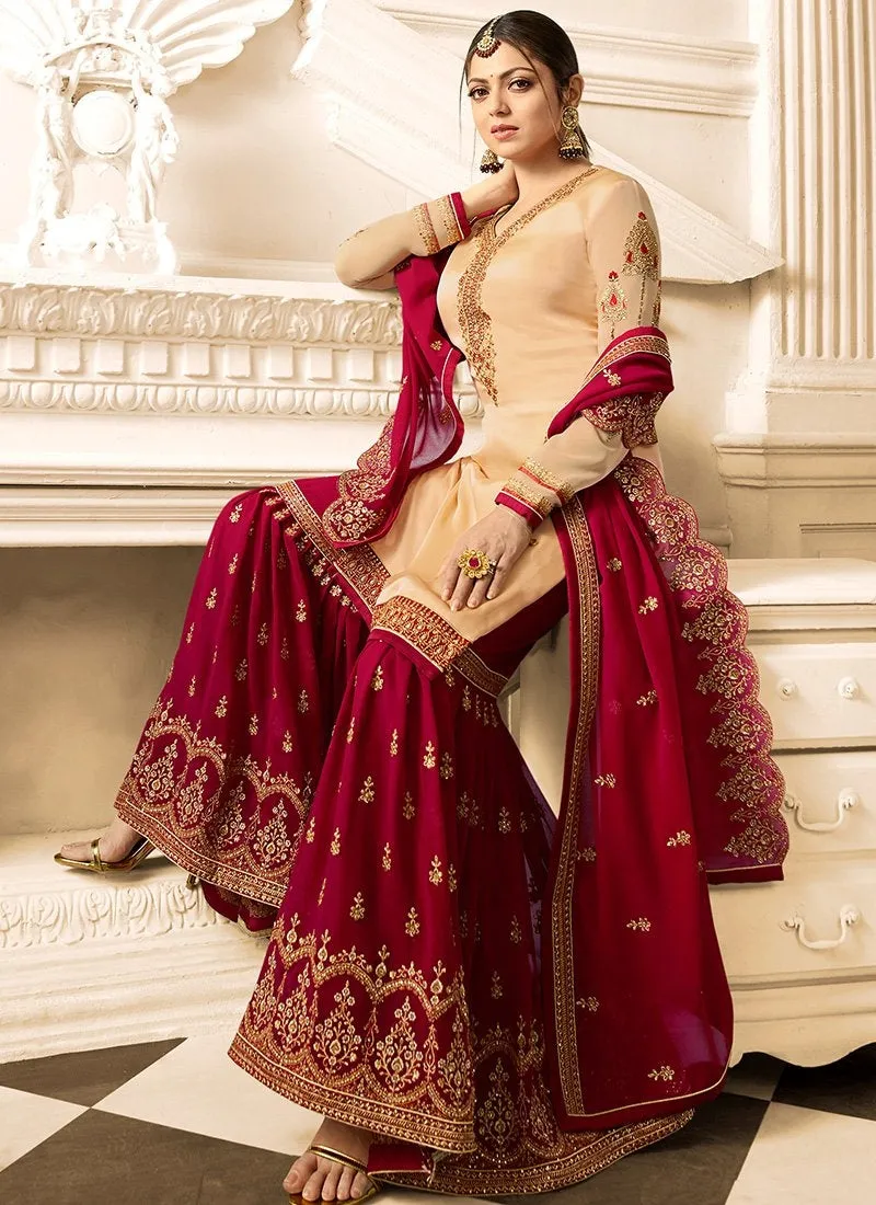 Red And Cream Embroidered Designer Gharara Palazzo Suit