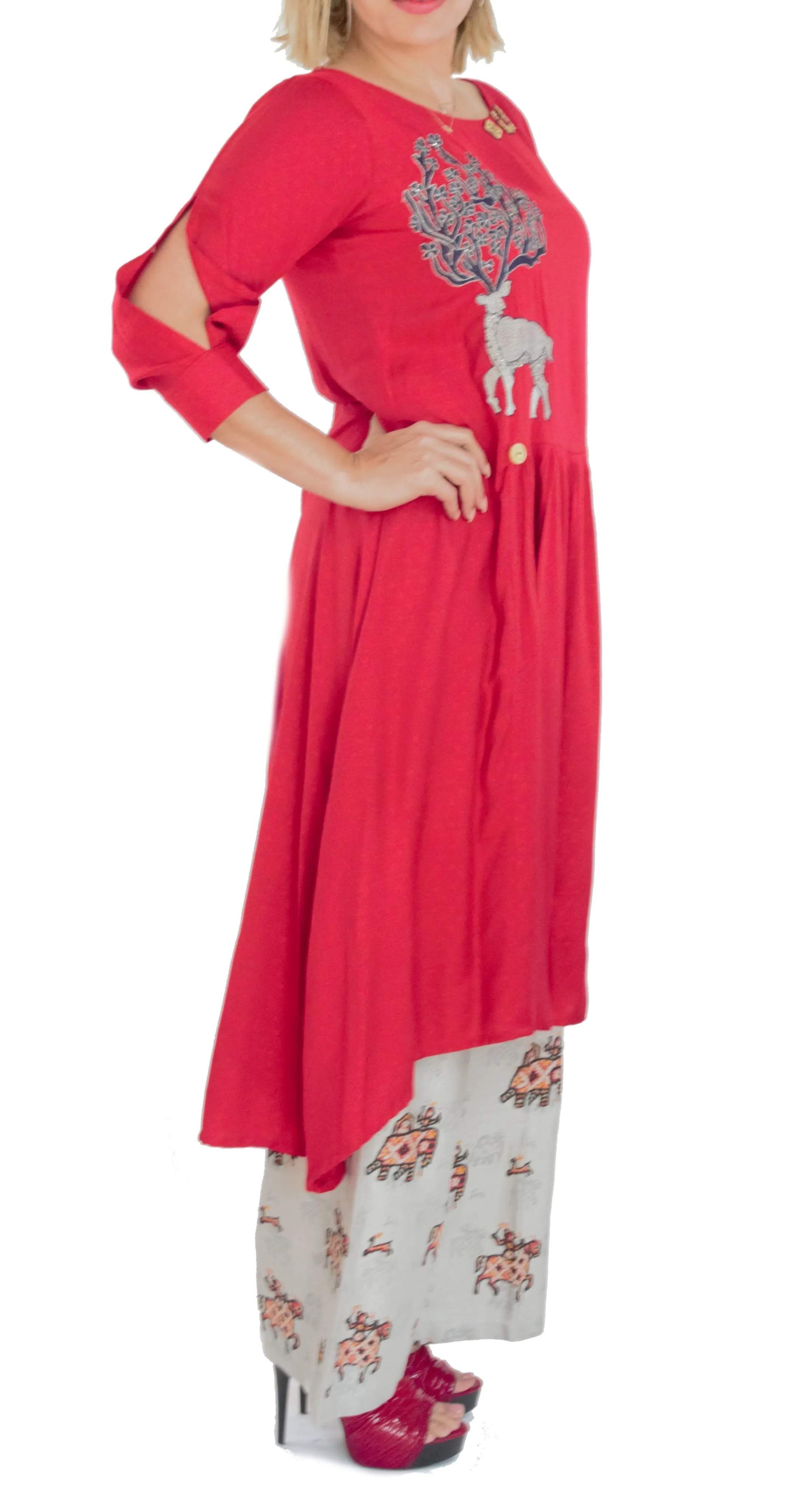 Red Color Kurti with Grey Color Printed Palazzo